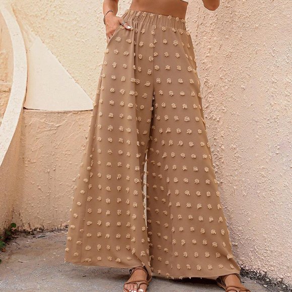 . Pants - Tan Boho Womens Swiss Dot Wide Leg Pants